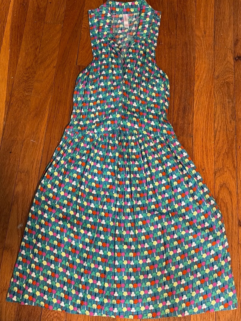 Xhilaration Teal Pleated Dress with Multicolor tree Print